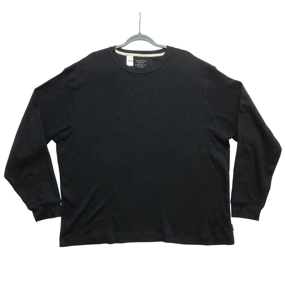 American Eagle Thermal Shirt Mens XXL Black Standard Fit Waffle Knit Long Sleeve